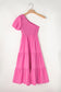 Strawberry Pink Asymmetric Puff Sleeve Smocked Bodice Tiered Midi Dress