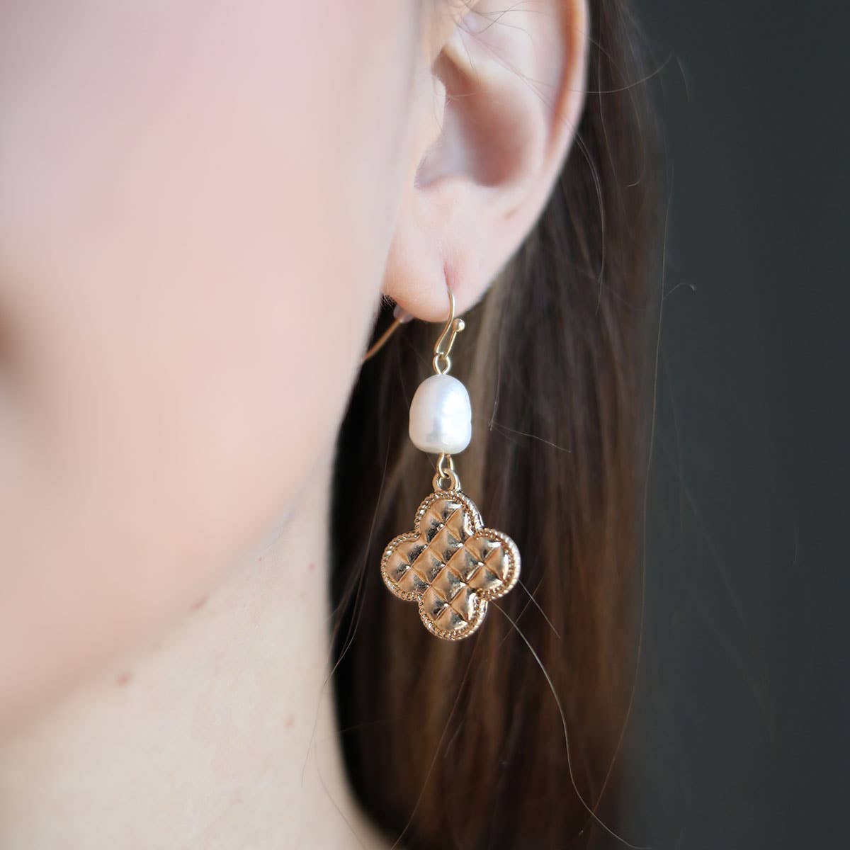 Andee Pearl & Quilted Metal Clover Drop Earrings in Worn Gol