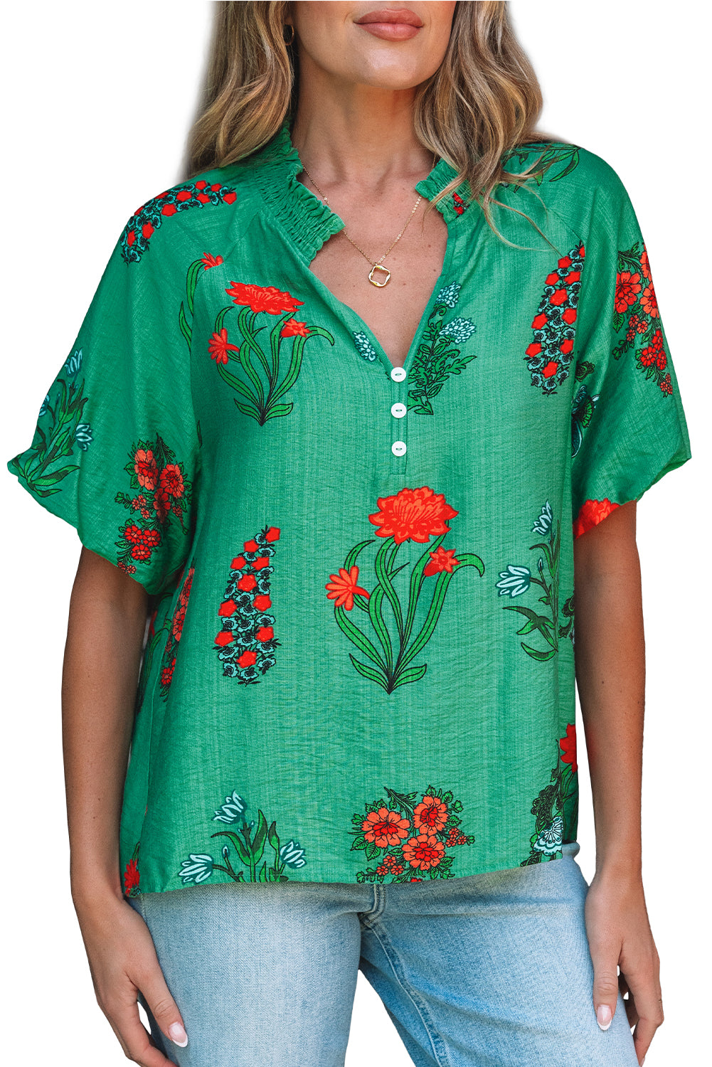 Bright Green Floral Print Buttoned V Neck Short Sleeve Blouse