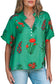 Bright Green Floral Print Buttoned V Neck Short Sleeve Blouse