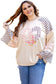 Beige Plaid Floral Peace Heart Graphic Wide Long Sleeve Top