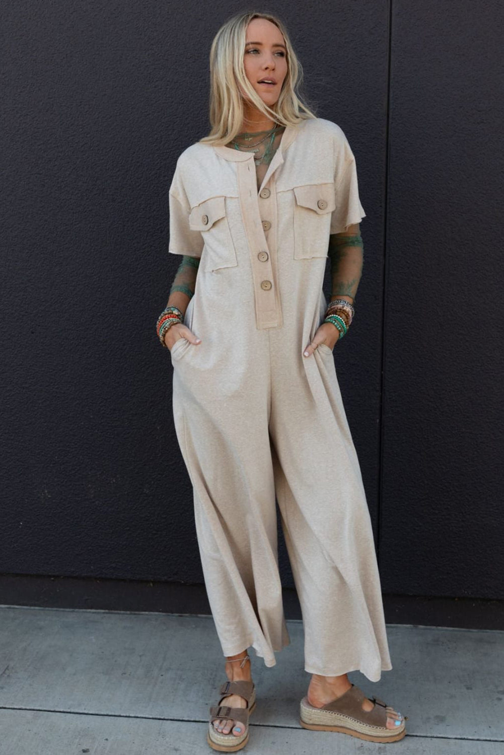 Beige Half Placket Chest Pockets Short Sleeve Wide Leg Jumpsuit