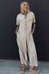 Beige Half Placket Chest Pockets Short Sleeve Wide Leg Jumpsuit