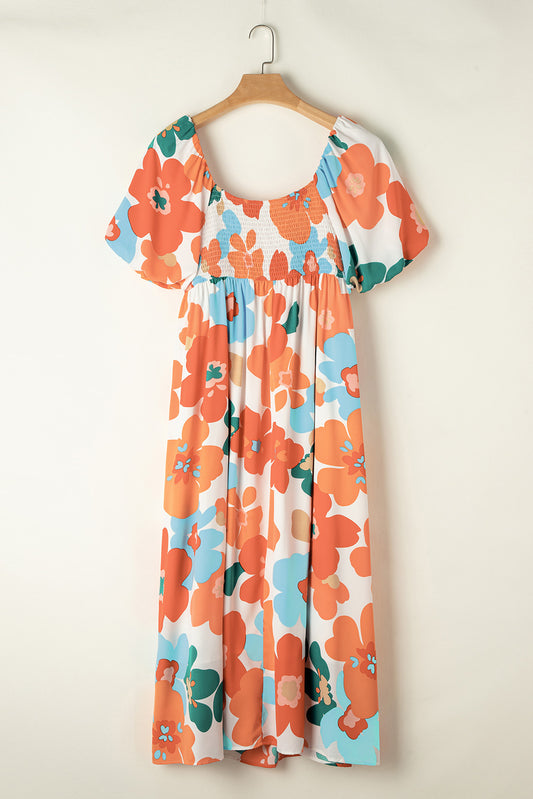 Orange Plus Size Flower Print Shirred Square Neck Maxi Dress