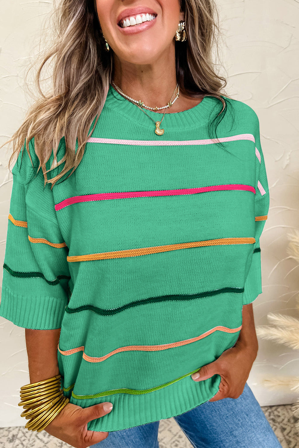 Green Colorblock Striped Half Sleeve Drop Shoulder Sweater