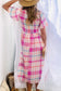 Pink Checkered Puff Sleeve Belted Midi Dress