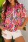 Rose Summer Plant Print Lace up V Neck Short Sleeve Blouse