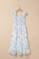 Sky Blue Floral Smocked High Waist Double Ruffle Sleeveless Long Dress