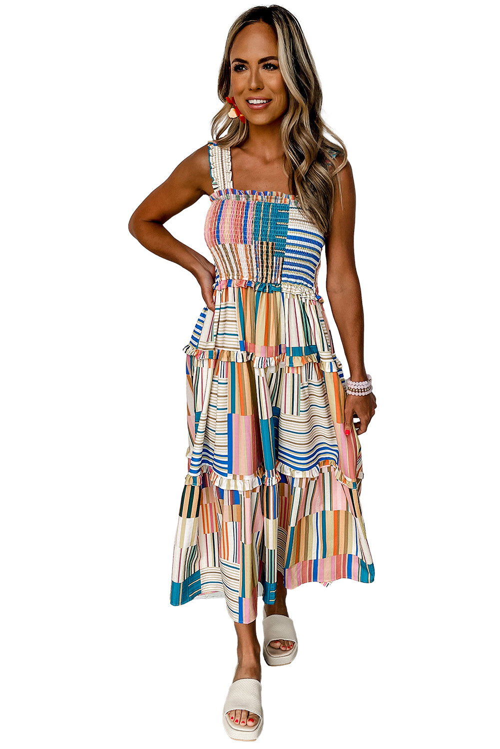 Khaki Mix Striped Wide Straps Smocked Tiered Maxi Dress