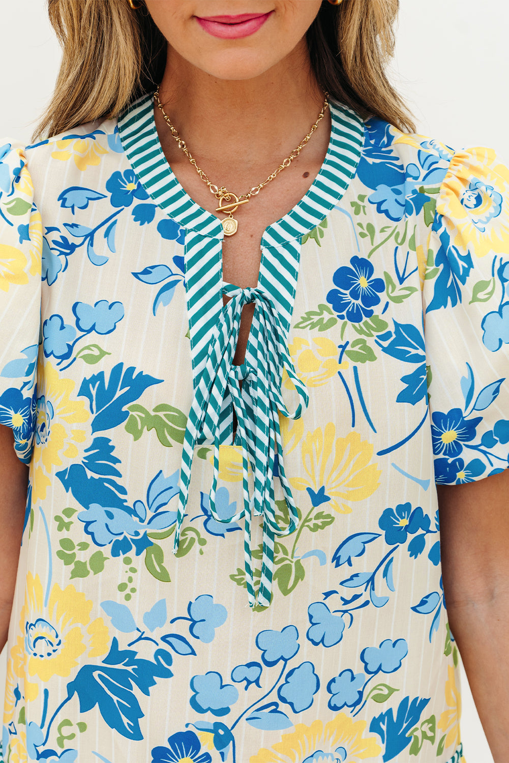 Blue Floral Striped Trim Puff Short Sleeve Dress