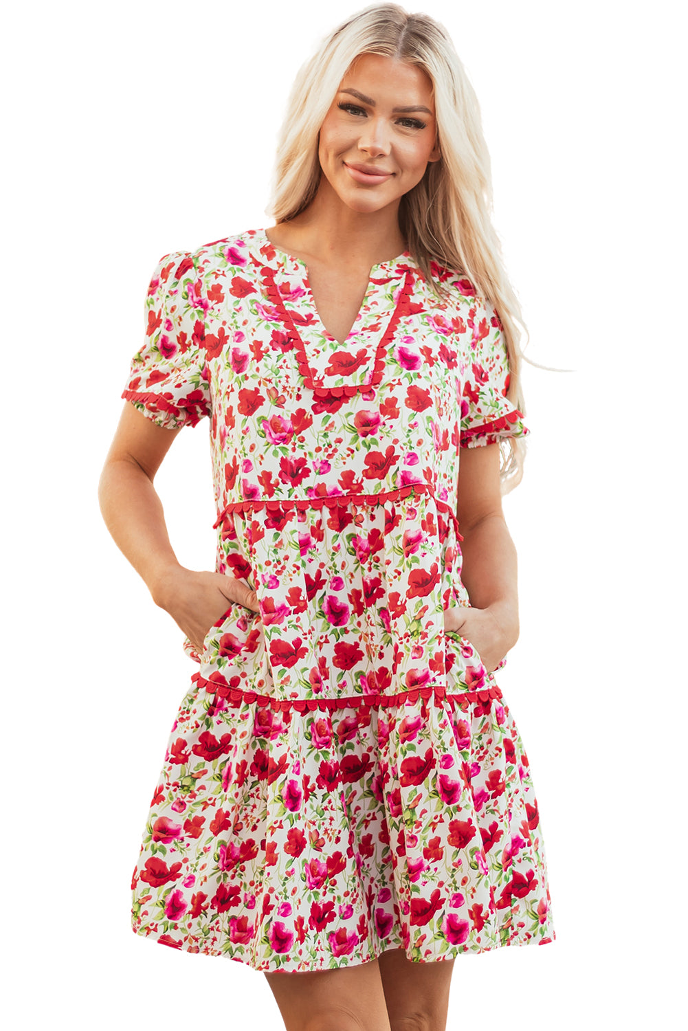 Red Floral Puff Sleeve Tiered Ric Rac Pocketed Mini Dress