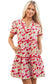Red Floral Puff Sleeve Tiered Ric Rac Pocketed Mini Dress