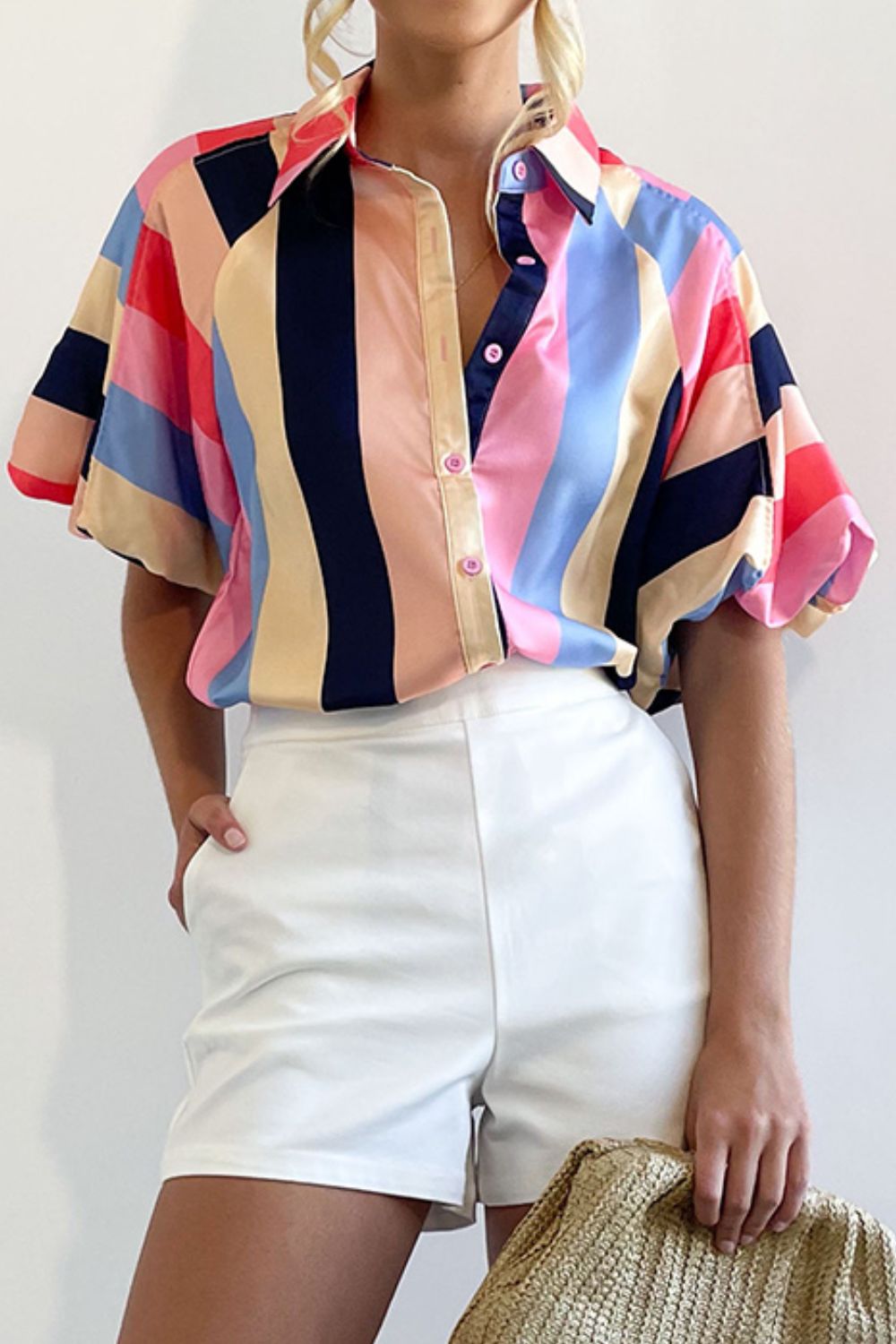 Color Block Button Up Balloon Sleeve Shirt