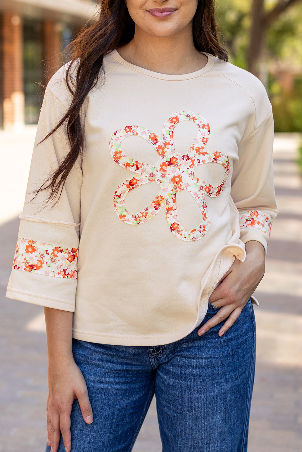 Beige Flower Patch Graphic Exposed Seam Wide Sleeve Top