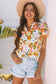 Russet Orange Ruffled V Neck Scalloped Short Sleeve Floral Blouse