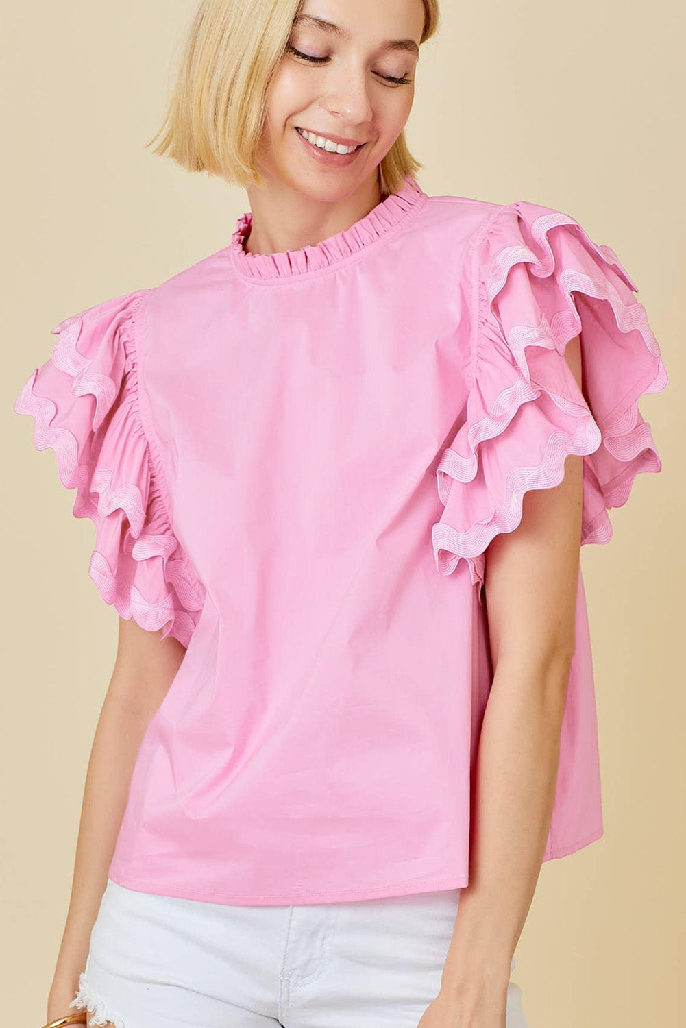 Bonbon Ricrac Ruffled Sleeve Frilled Collar Blouse