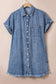 Blue Mineral Wash Cuffed Sleeve Frayed Hem Denim Dress