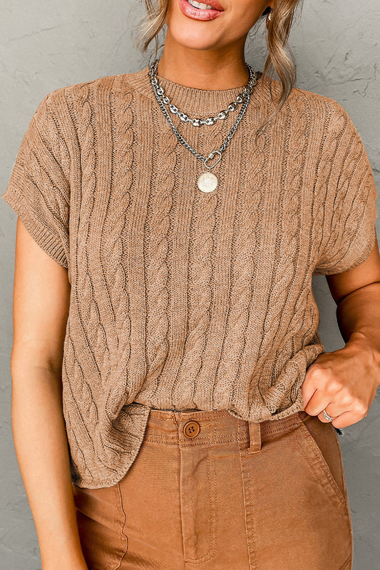 Light French Beige Crew Neck Cable Knit Short Sleeve Sweater