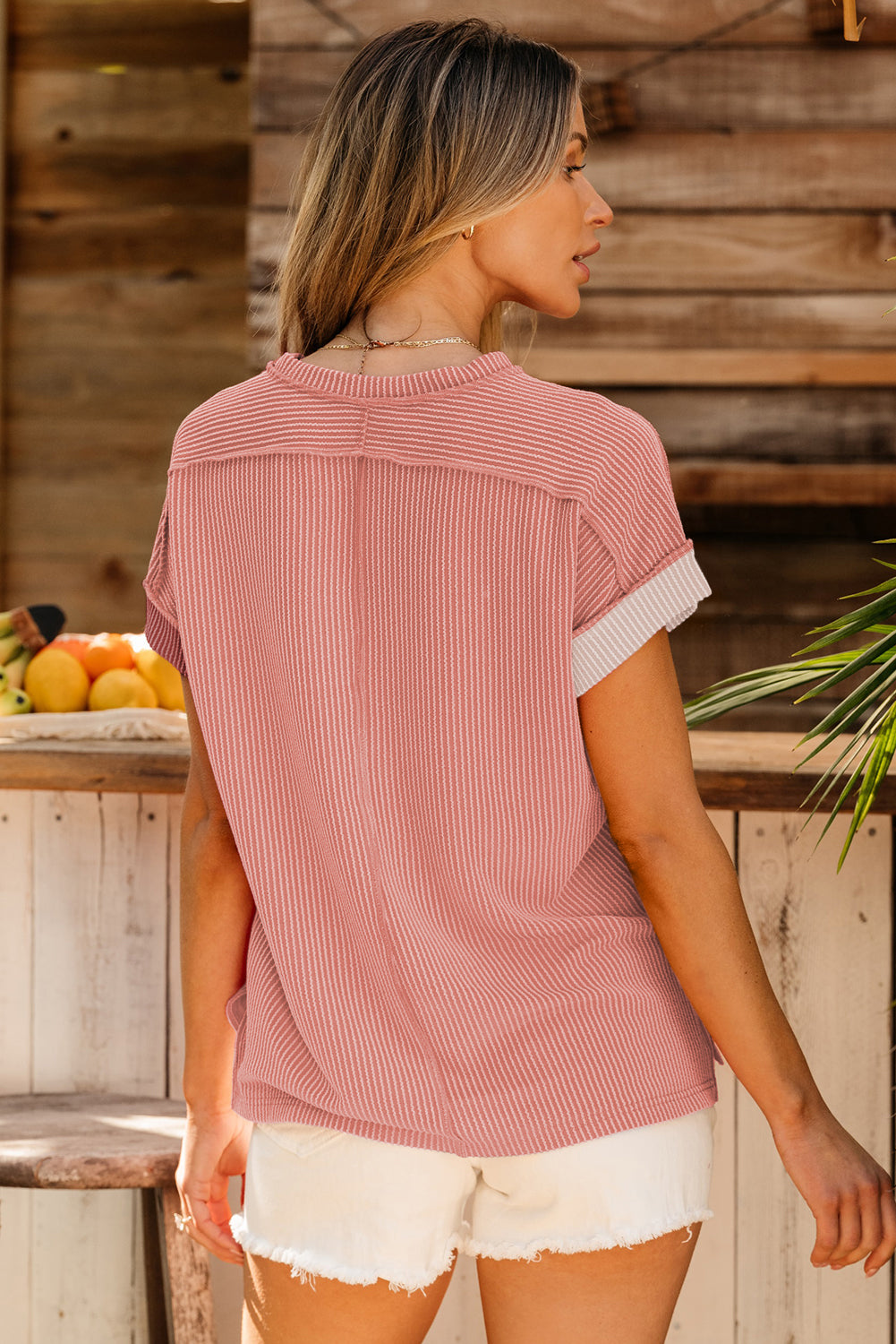 Apricot Pink Textured Colorblock Crew Neck T Shirt