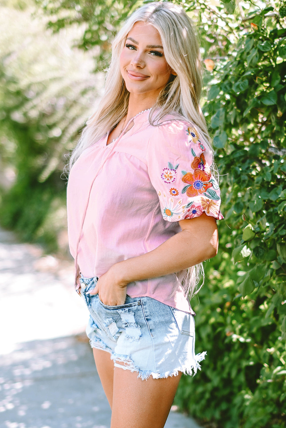 Pink Floral Embroidered Puff Sleeve Split Neck Blouse