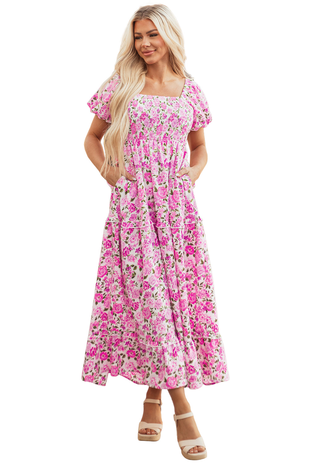 Pink Dainty Floral Smocked Puff Sleeve Flowy Long Dress