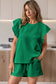 Bright Green Textured Ruffled Sleeve Tee and Drawstring Shorts Set