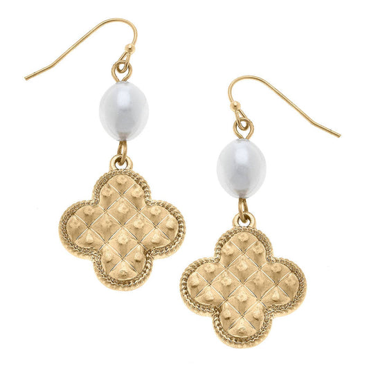 Andee Pearl & Quilted Metal Clover Drop Earrings in Worn Gol