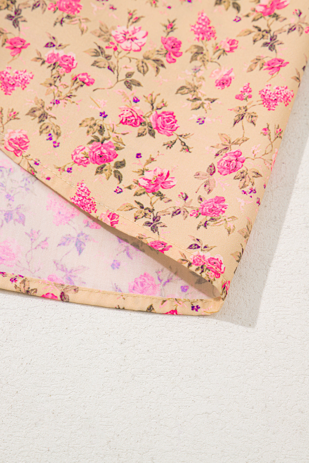 Light French Beige Floral Print Bow Pintuck Bust Half Puff Sleeve Blouse Top