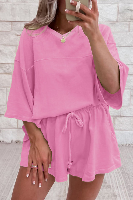 Bonbon Solid Loose V Neck Half Sleeve Tee and Shorts