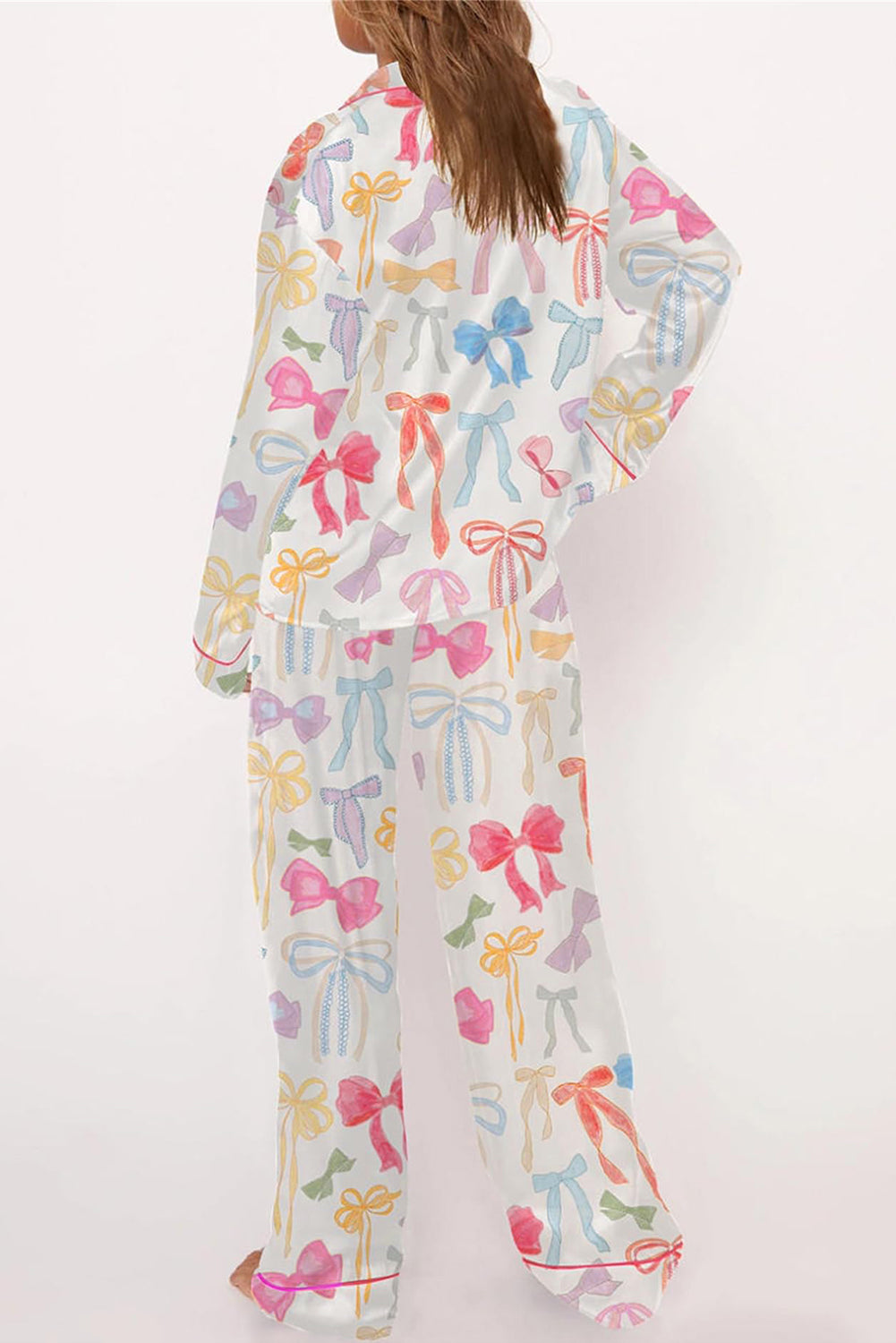 White Bow Knot Print Lapel Collar Wide Leg Satin Pajama Set