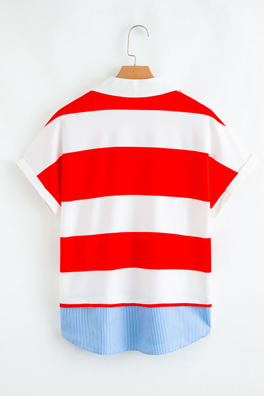 Red Stripe Collar V Neck Cuffed Dolman Short Sleeve Top
