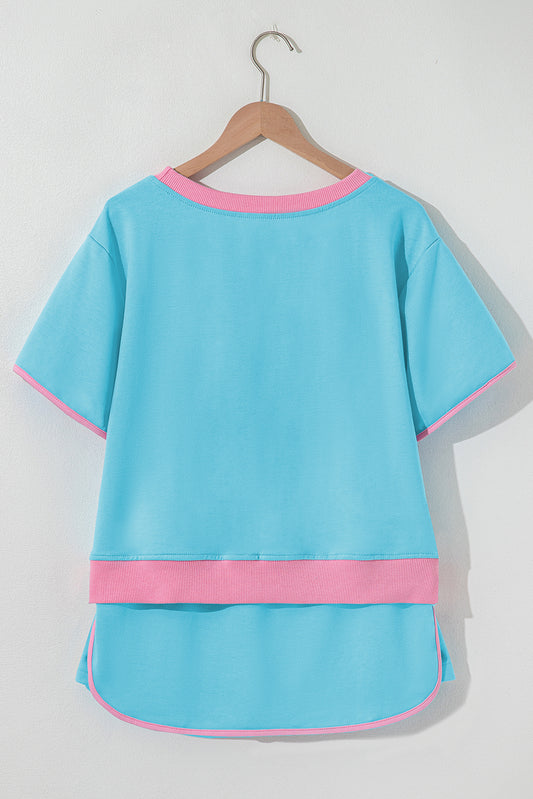 Turquoise Colorblock Edge Drop Shoulder T Shirt and Skort 2Pcs Set
