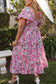 Pink Dainty Floral Smocked Puff Sleeve Flowy Long Dress
