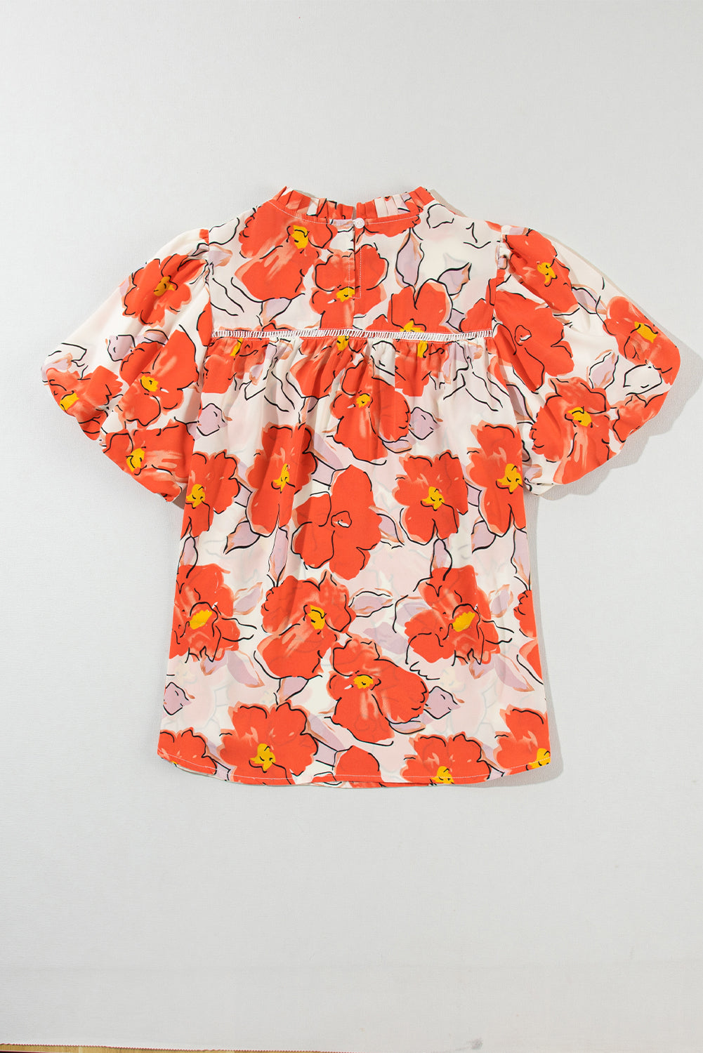 Orange Floral Bubble Sleeve Frill Neck Loose Blouse