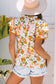 Russet Orange Ruffled V Neck Scalloped Short Sleeve Floral Blouse