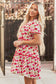 Red Floral Puff Sleeve Tiered Ric Rac Pocketed Mini Dress