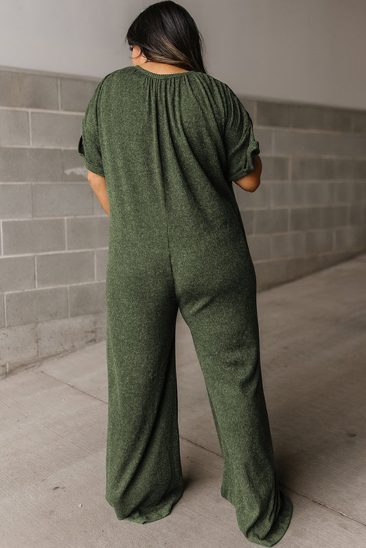 Jungle Green Textured Side Pockets Buttoned Wide Leg Jumpsuit