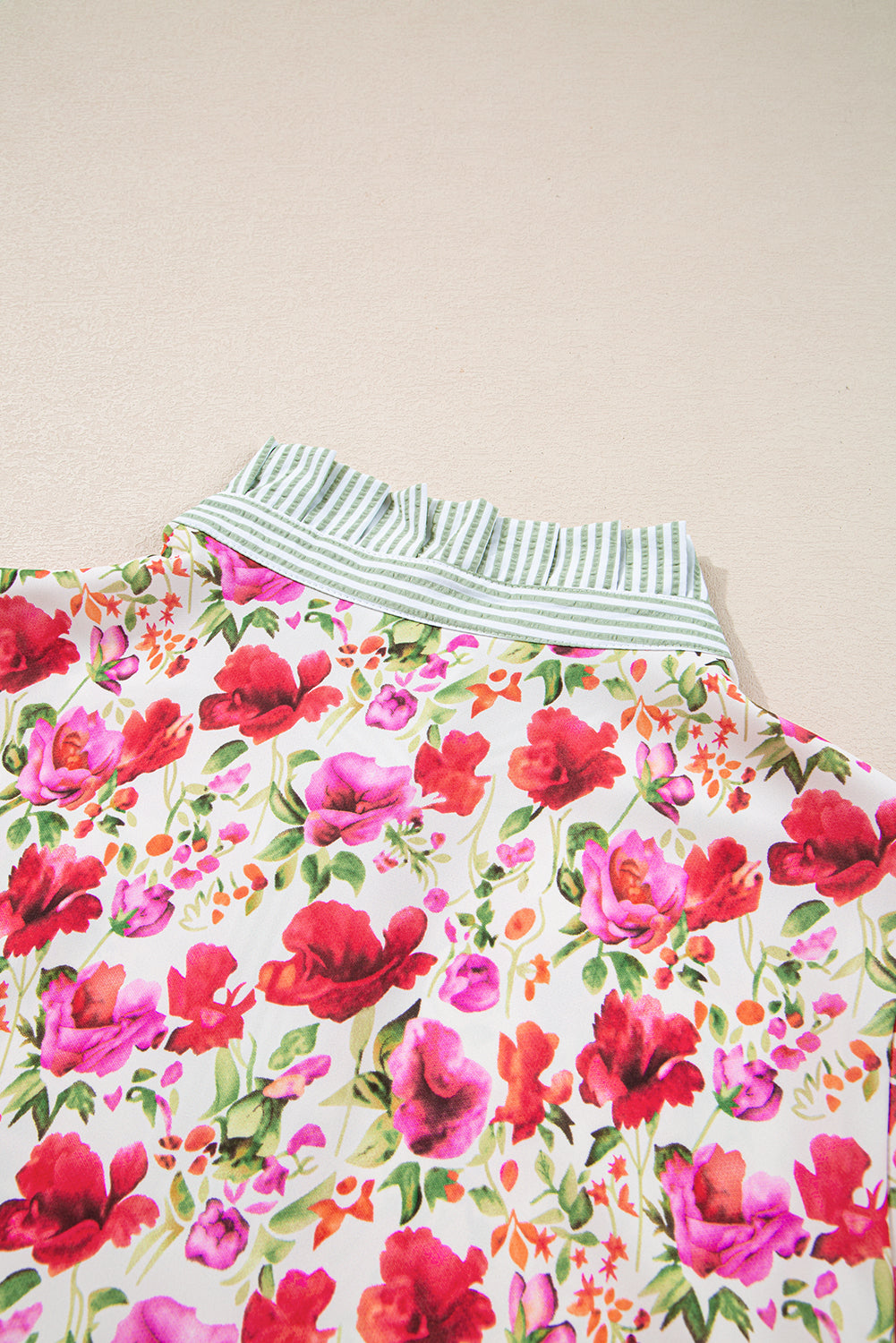 Red Floral Print Striped Patchwork Collared Short Sleeve Blouse