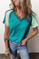 Green Exposed Seam Color Block Knitted V Neck T-shirt