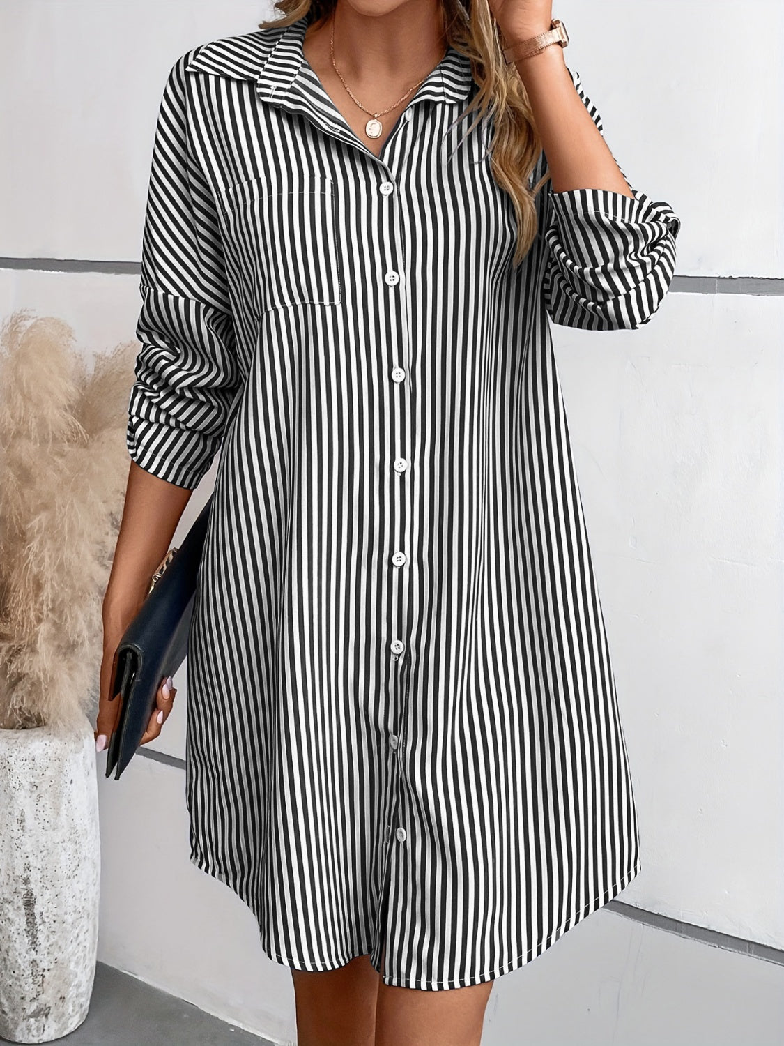 Striped Button Up Long Sleeve Mini Shirt Dress