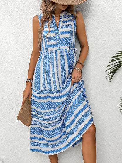 Frill Printed Notched Sleeveless Dress