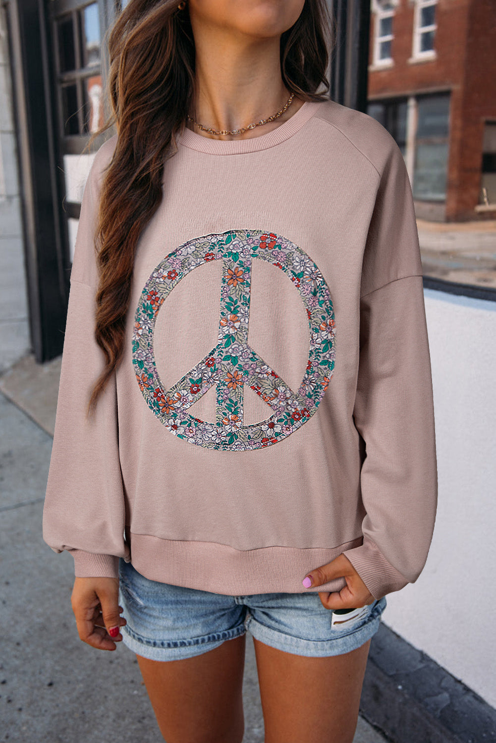 Goat Floral Peace Symbol Drop Shoulder Sweatshirt