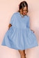 Sky Blue Solid Color Pocketed Raw Edge Babydoll Dress