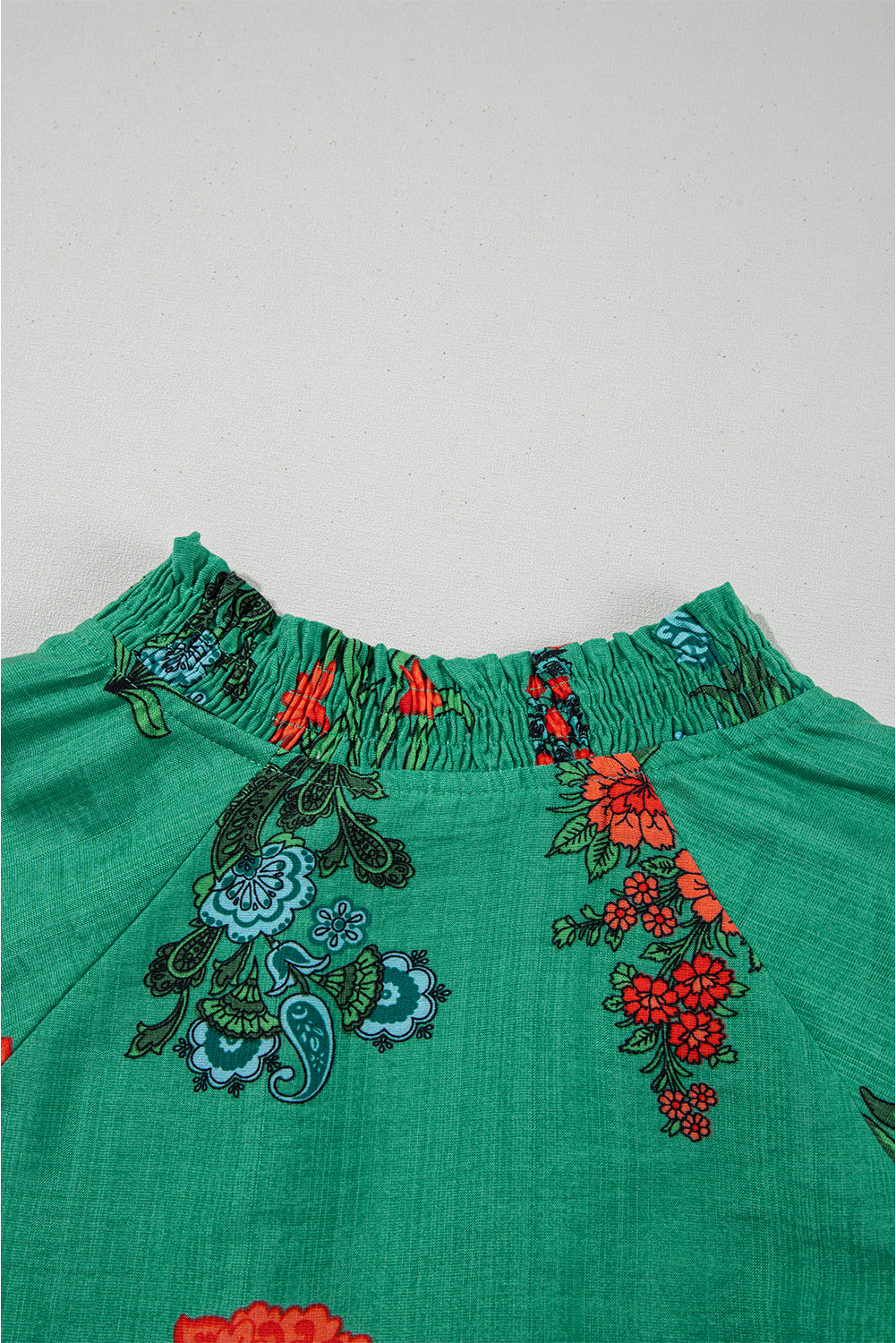 Bright Green Floral Print Buttoned V Neck Short Sleeve Blouse