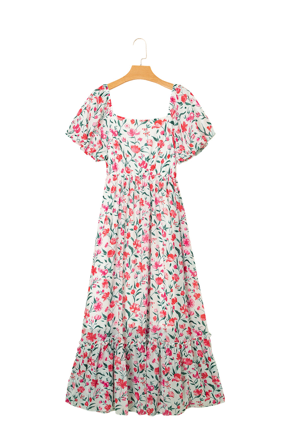 Pink Floral Puff Sleeve Square Neck Empire Waist Tiered Maxi Dress