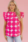 Rose Bubblegum Pattern Frilled Collar Flutter Sleeve Top
