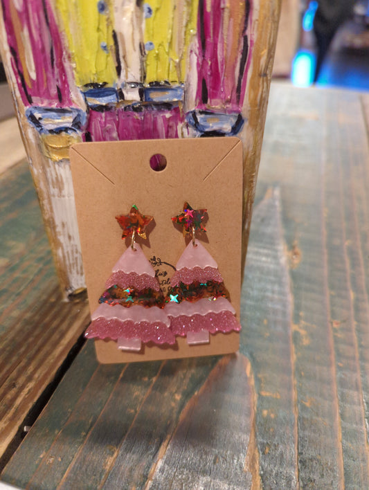 Pink Sparkle Tree Earrings