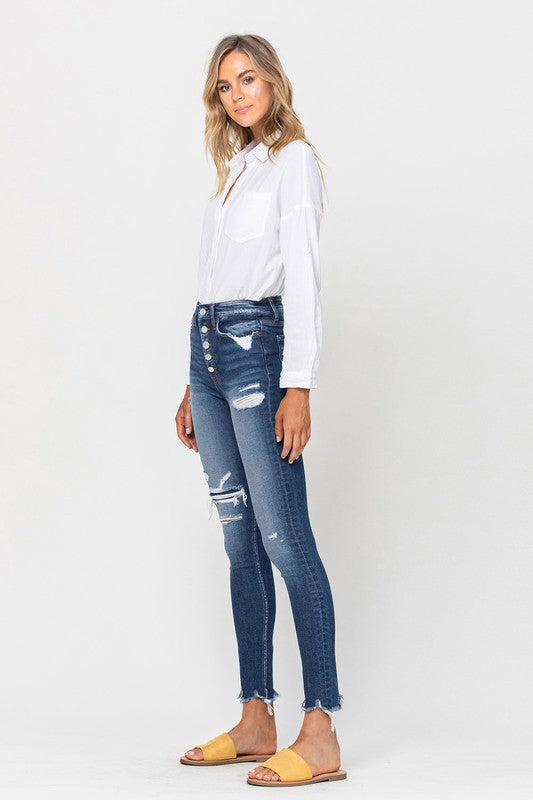 HIGH RISE PATCHED BUTTON UP RAW HEM ANKLE SKINNY