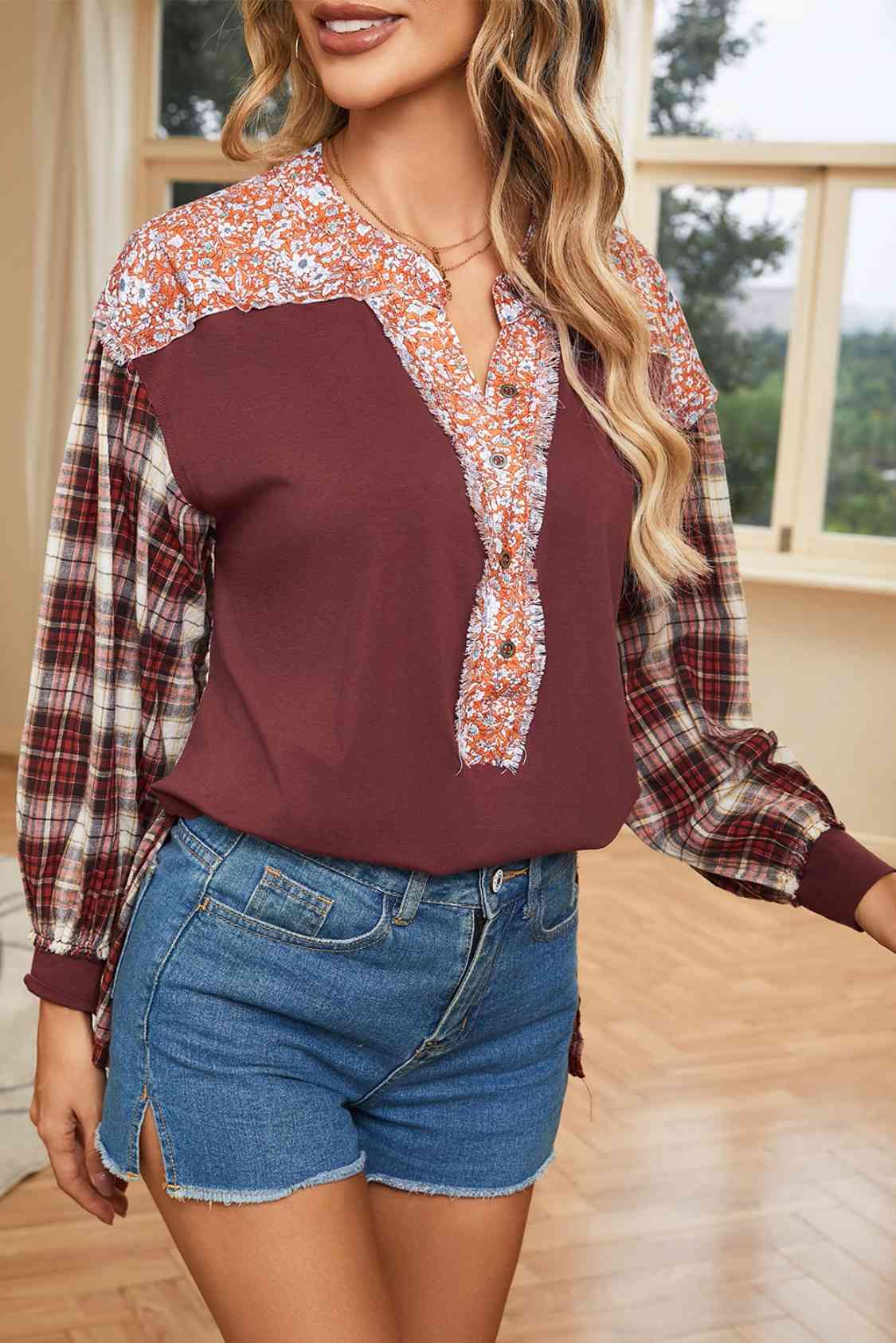 Plaid Notched Neck Slit Blouse