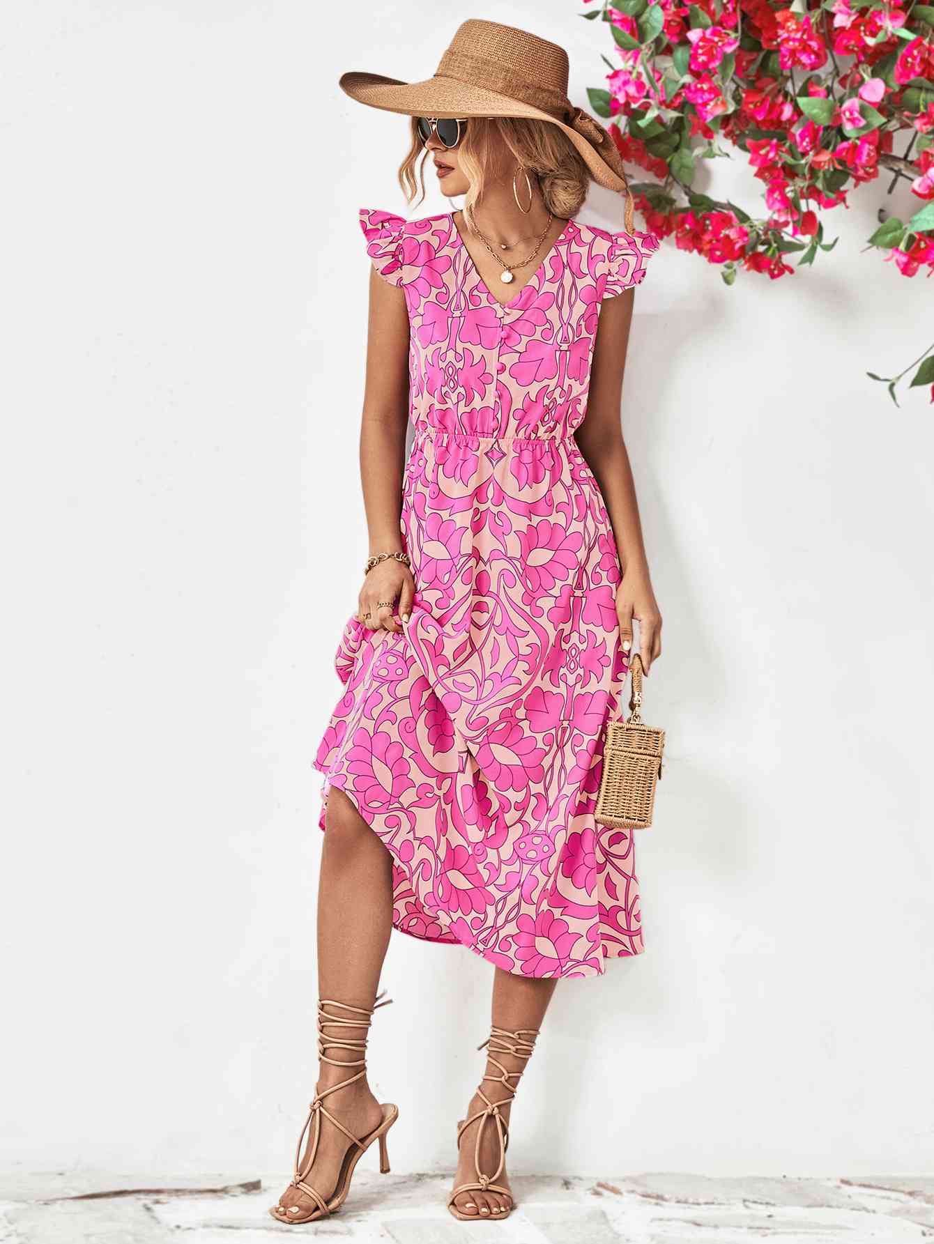 Floral V-Neck Cap Sleeve Dress